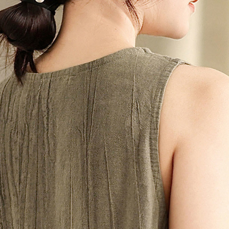 Buddha Stonesタイダイ染めチャイニーズフロッグボタンラミーリネンノースリーブミディドレス（ポケット付き） - image 15