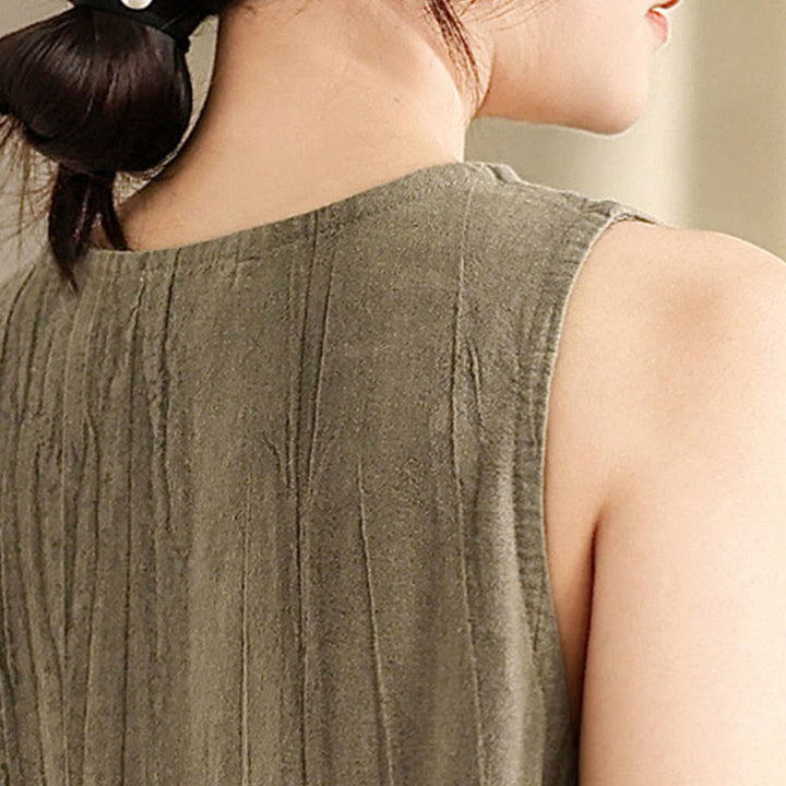 Buddha Stonesタイダイ染めチャイニーズフロッグボタンラミーリネンノースリーブミディドレス（ポケット付き） - image 15