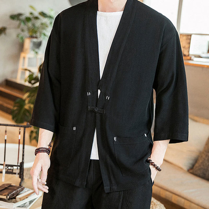 Buddha Stones無地中国風カエルボタンジャケット コットンリネン メンズ 七分袖着物 - image 11