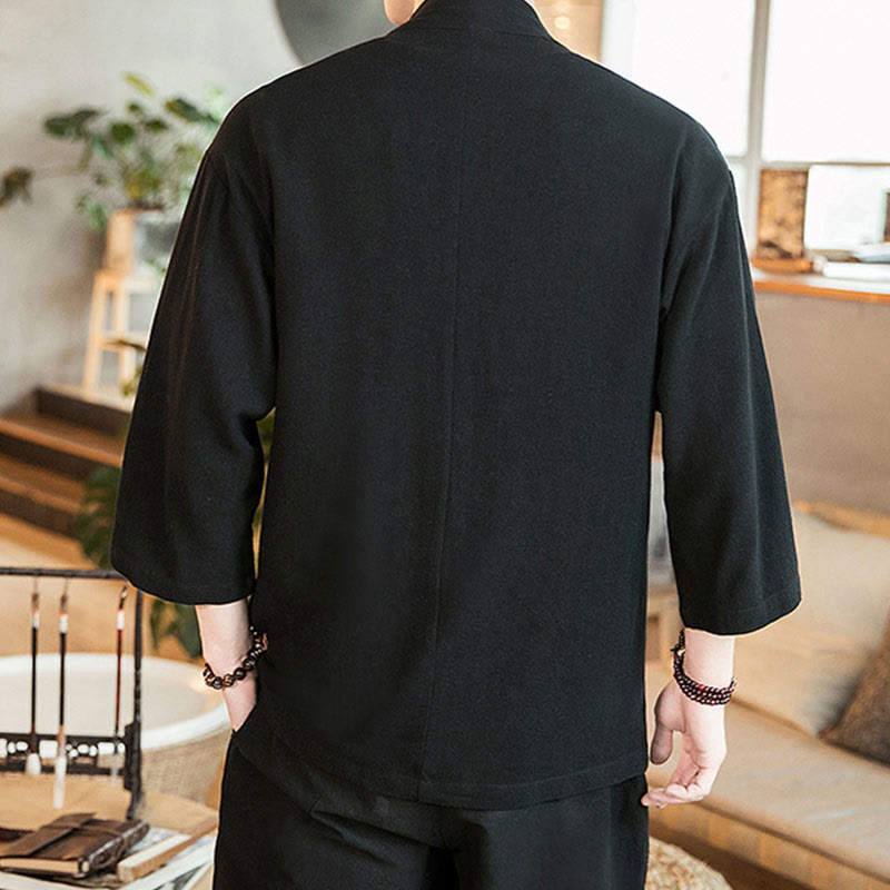 Buddha Stones無地中国風カエルボタンジャケット コットンリネン メンズ 七分袖着物 - image 12