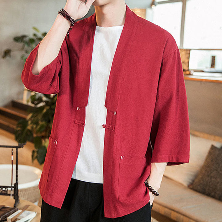 Buddha Stones無地中国風カエルボタンジャケット コットンリネン メンズ 七分袖着物 - image 23