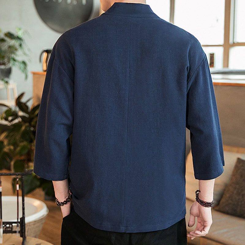 Buddha Stones無地中国風カエルボタンジャケット コットンリネン メンズ 七分袖着物 - image 3