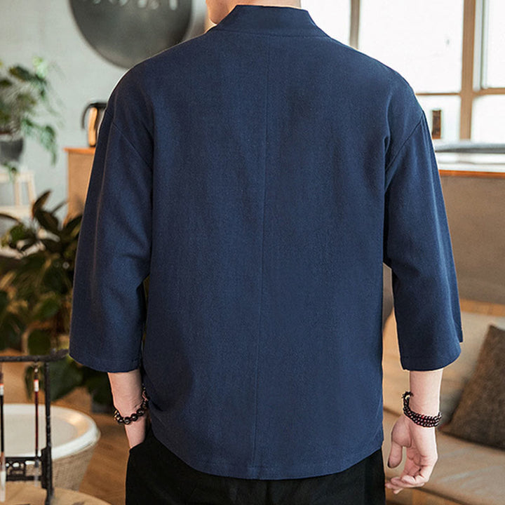 Buddha Stones無地中国風カエルボタンジャケット コットンリネン メンズ 七分袖着物 - image 3