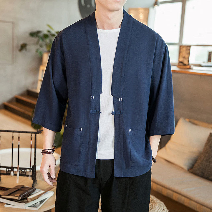 Buddha Stones無地中国風カエルボタンジャケット コットンリネン メンズ 七分袖着物 - image 2