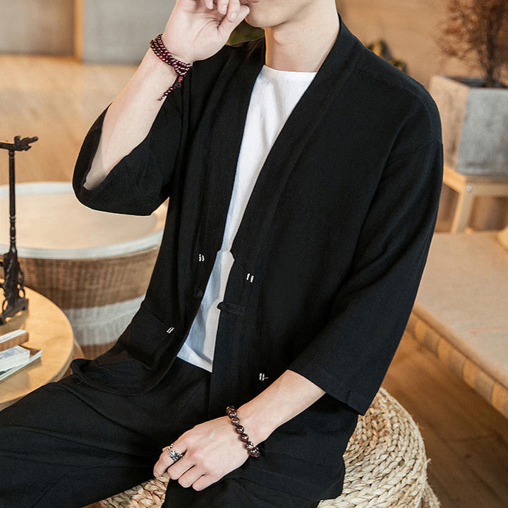 Buddha Stones無地中国風カエルボタンジャケット コットンリネン メンズ 七分袖着物 - 黒 - US/UK/AU46、 EU56 (5XL) - image 8