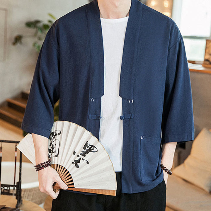 Buddha Stones無地中国風カエルボタンジャケット コットンリネン メンズ 七分袖着物 - image 5