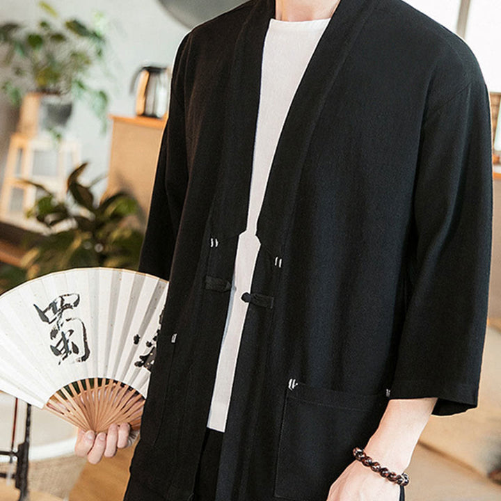 Buddha Stones無地中国風カエルボタンジャケット コットンリネン メンズ 七分袖着物 - image 14