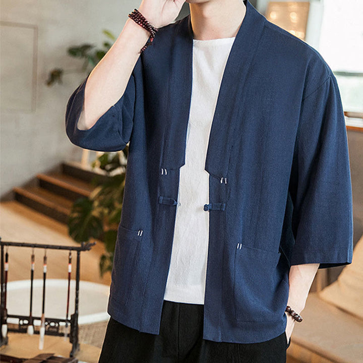 Buddha Stones無地中国風カエルボタンジャケット コットンリネン メンズ 七分袖着物 - image 1