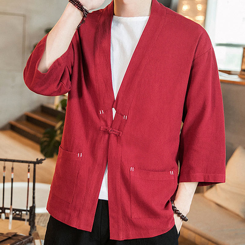 Buddha Stones無地中国風カエルボタンジャケット コットンリネン メンズ 七分袖着物 - image 22