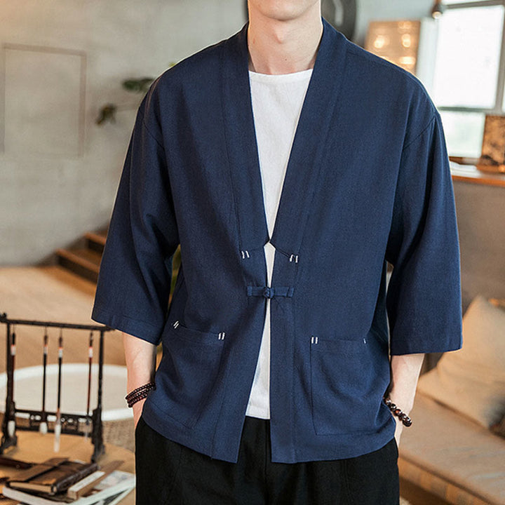 Buddha Stones無地中国風カエルボタンジャケット コットンリネン メンズ 七分袖着物 - 海軍 - US/UK/AU46、 EU56 (5XL) - image 0