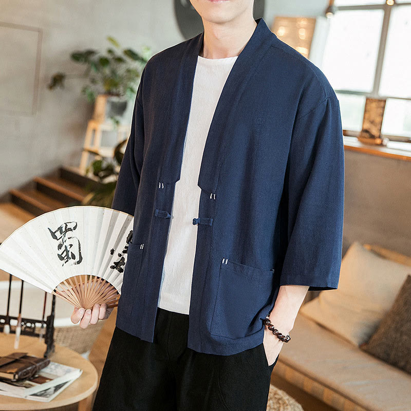 Buddha Stones無地中国風カエルボタンジャケット コットンリネン メンズ 七分袖着物 - image 6