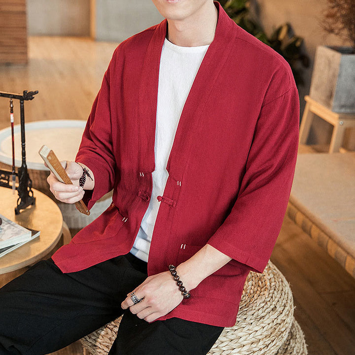 Buddha Stones無地中国風カエルボタンジャケット コットンリネン メンズ 七分袖着物 - クリムゾン - US/UK/AU46、 EU56 (5XL) - image 20