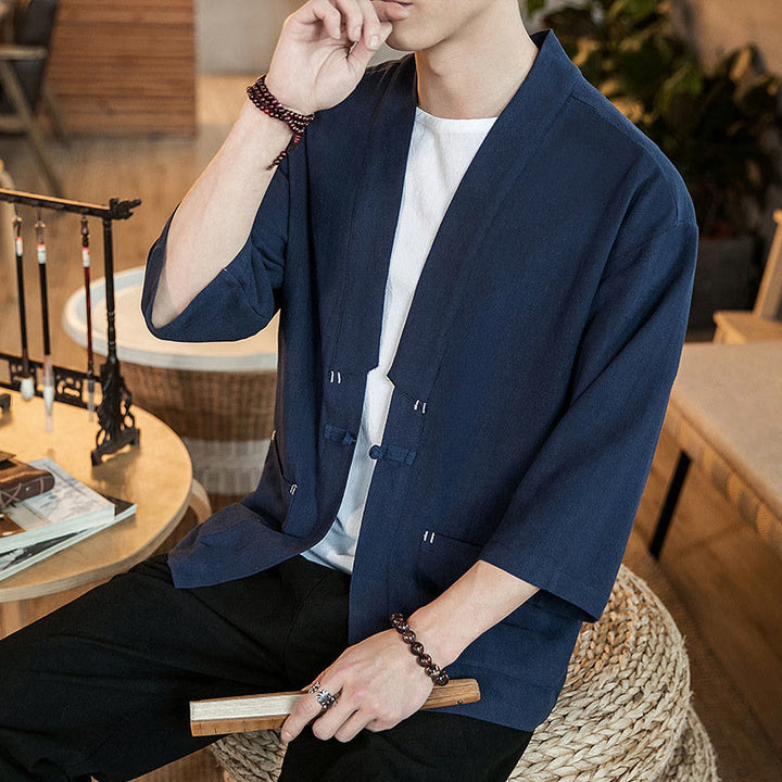 Buddha Stones無地中国風カエルボタンジャケット コットンリネン メンズ 七分袖着物 - image 7