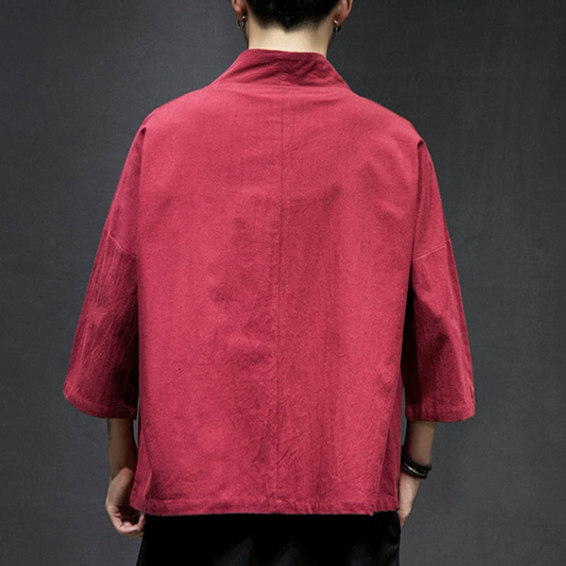 Buddha Stones刺繍入りオープンフロントジャケット コットンリネン メンズ 七分袖着物 - image 21