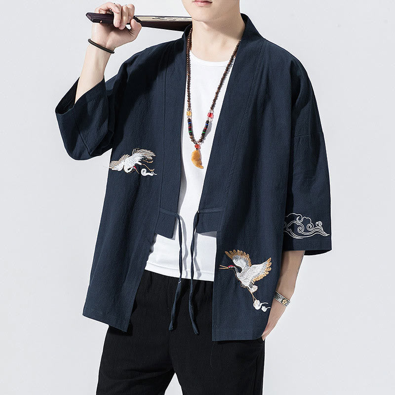 Buddha Stones刺繍入りオープンフロントジャケット コットンリネン メンズ 七分袖着物 - 海軍 - US/UK/AU46、 EU56 (5XL) - image 0