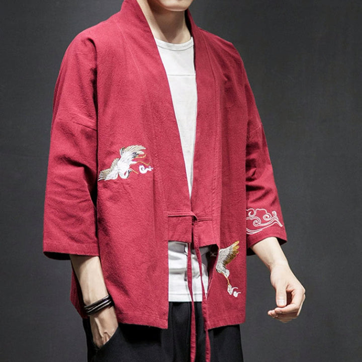 Buddha Stones刺繍入りオープンフロントジャケット コットンリネン メンズ 七分袖着物 - image 22