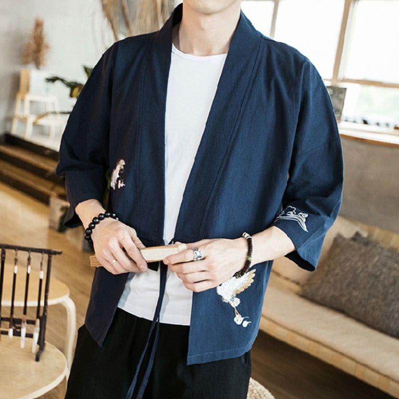 Buddha Stones刺繍入りオープンフロントジャケット コットンリネン メンズ 七分袖着物 - image 1