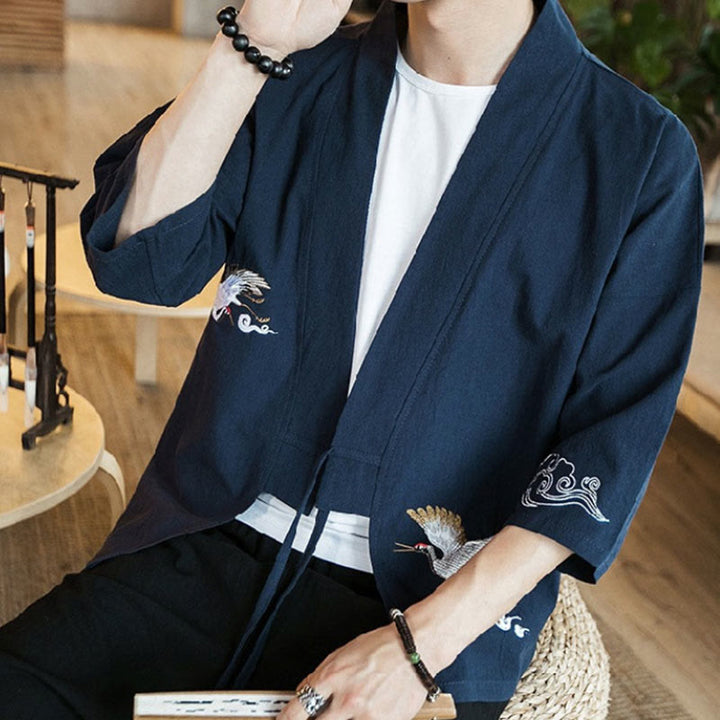 Buddha Stones刺繍入りオープンフロントジャケット コットンリネン メンズ 七分袖着物 - image 7