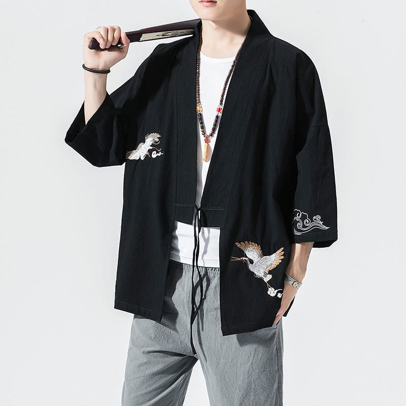Buddha Stones刺繍入りオープンフロントジャケット コットンリネン メンズ 七分袖着物 - 黒 - US/UK/AU46、 EU56 (5XL) - image 10