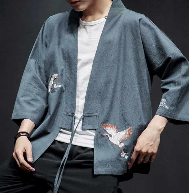 Buddha Stones刺繍入りオープンフロントジャケット コットンリネン メンズ 七分袖着物 - image 25