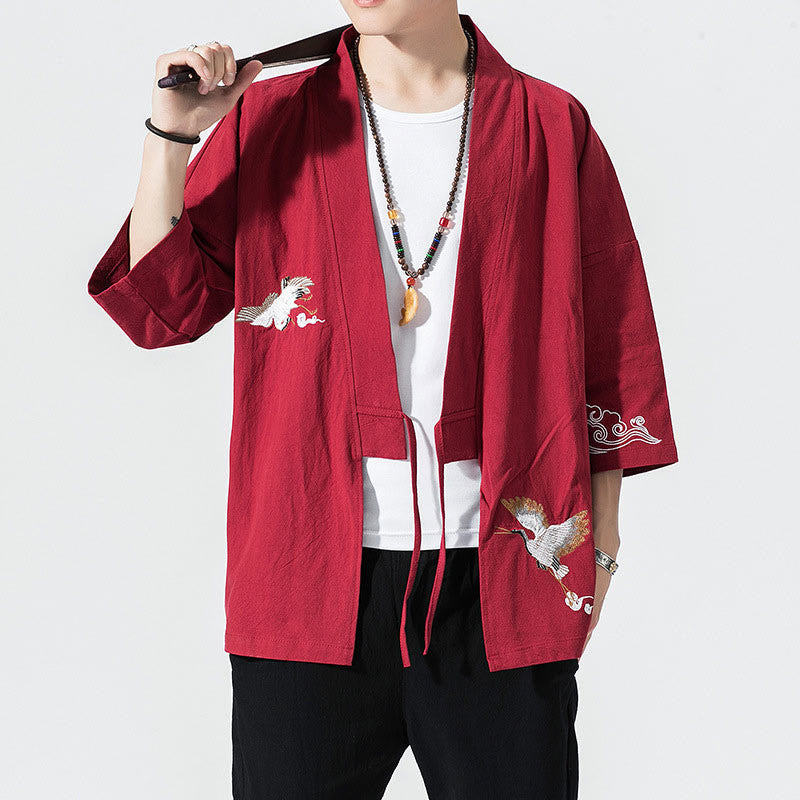 Buddha Stones刺繍入りオープンフロントジャケット コットンリネン メンズ 七分袖着物 - クリムゾン - US/UK/AU46、 EU56 (5XL) - image 18
