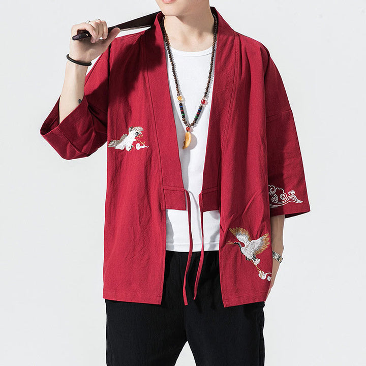 Buddha Stones刺繍入りオープンフロントジャケット コットンリネン メンズ 七分袖着物 - クリムゾン - US/UK/AU46、 EU56 (5XL) - image 18