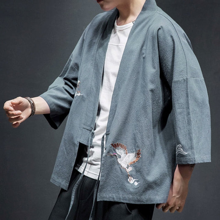 Buddha Stones刺繍入りオープンフロントジャケット コットンリネン メンズ 七分袖着物 - image 27