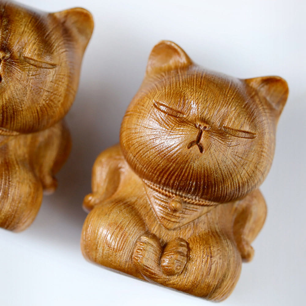 Buddha Stones小さなミニグリーンサンダルウッド ラッキーキャット彫刻 癒しの装飾品 - image 10
