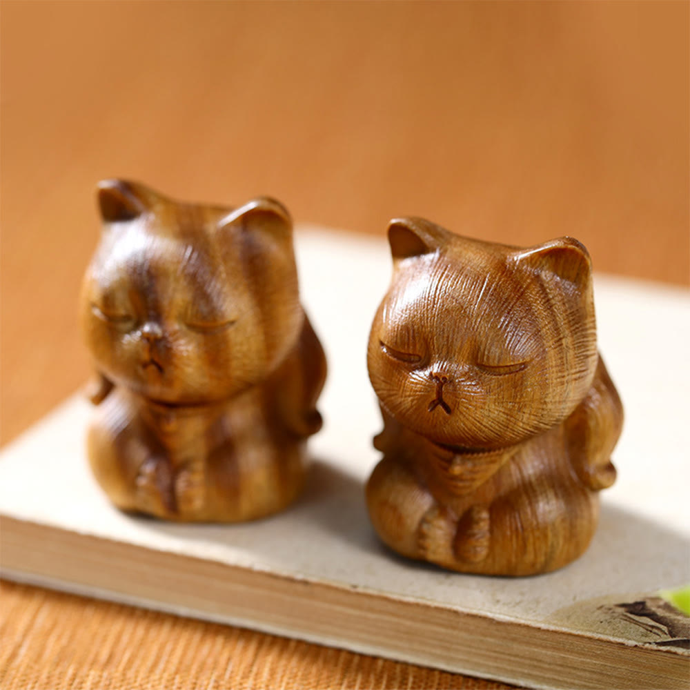 Buddha Stones小さなミニグリーンサンダルウッド ラッキーキャット彫刻 癒しの装飾品 - image 1