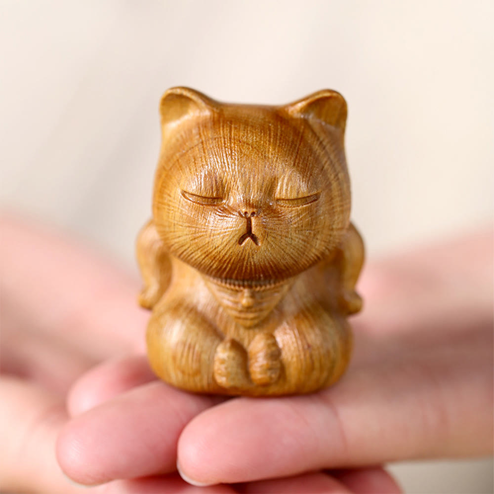 Buddha Stones小さなミニグリーンサンダルウッド ラッキーキャット彫刻 癒しの装飾品 - image 4