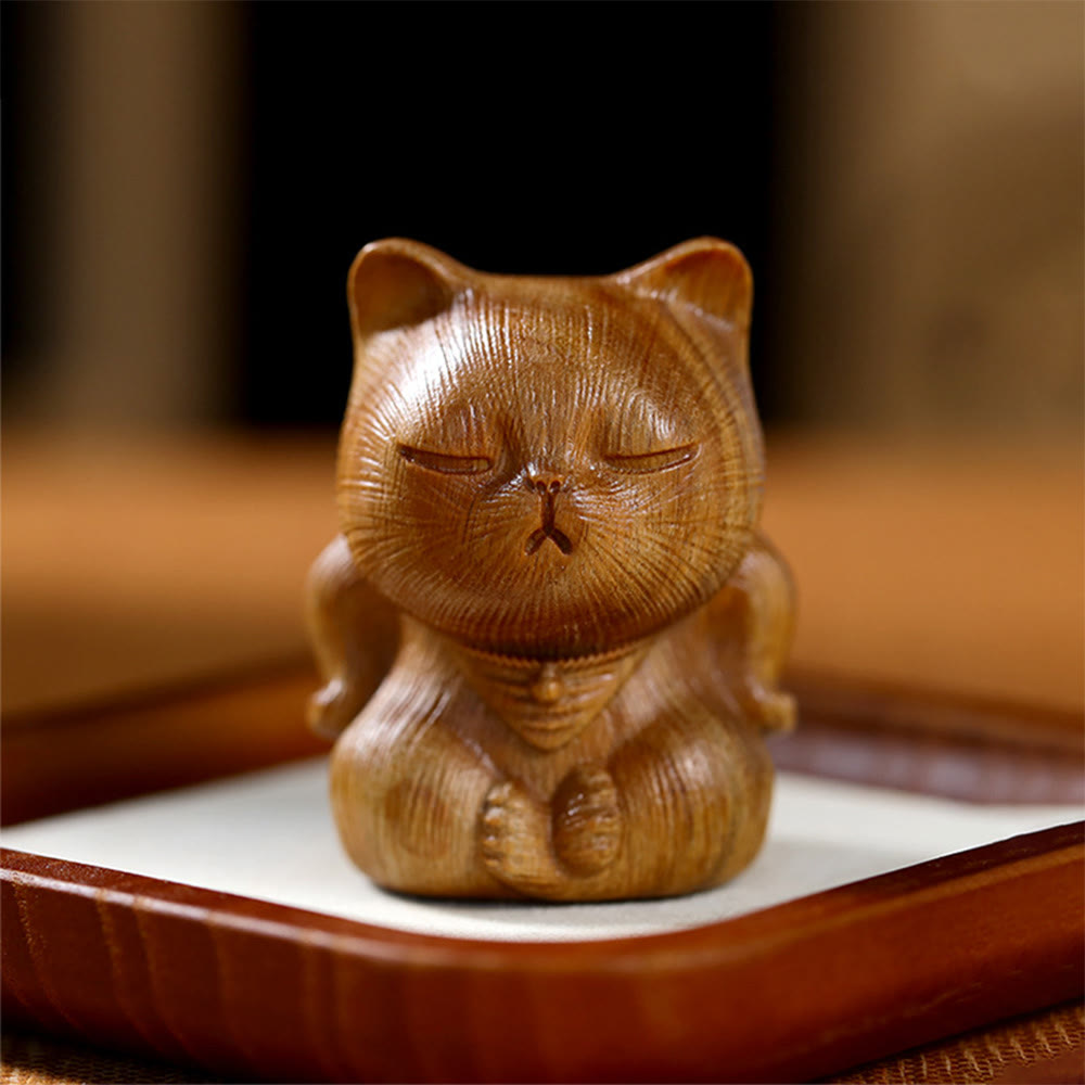 Buddha Stones小さなミニグリーンサンダルウッド ラッキーキャット彫刻 癒しの装飾品 - グリーンサンダルウッド 5*3.8*3.6cm - image 1