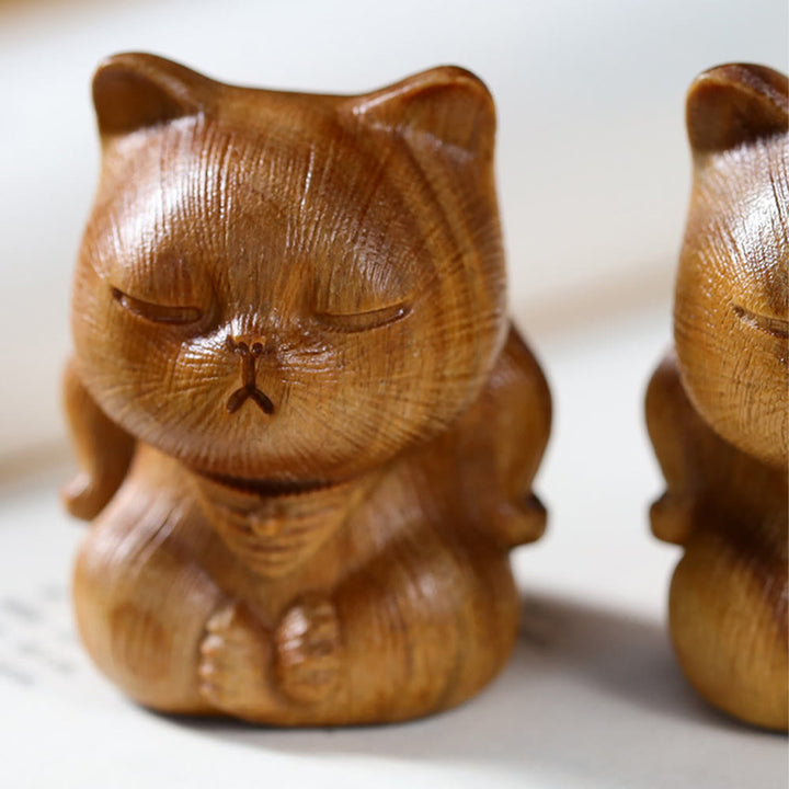 Buddha Stones小さなミニグリーンサンダルウッド ラッキーキャット彫刻 癒しの装飾品 - image 3