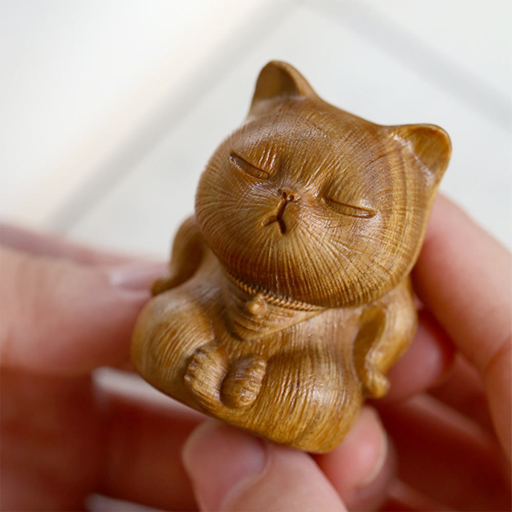 Buddha Stones小さなミニグリーンサンダルウッド ラッキーキャット彫刻 癒しの装飾品 - image 9