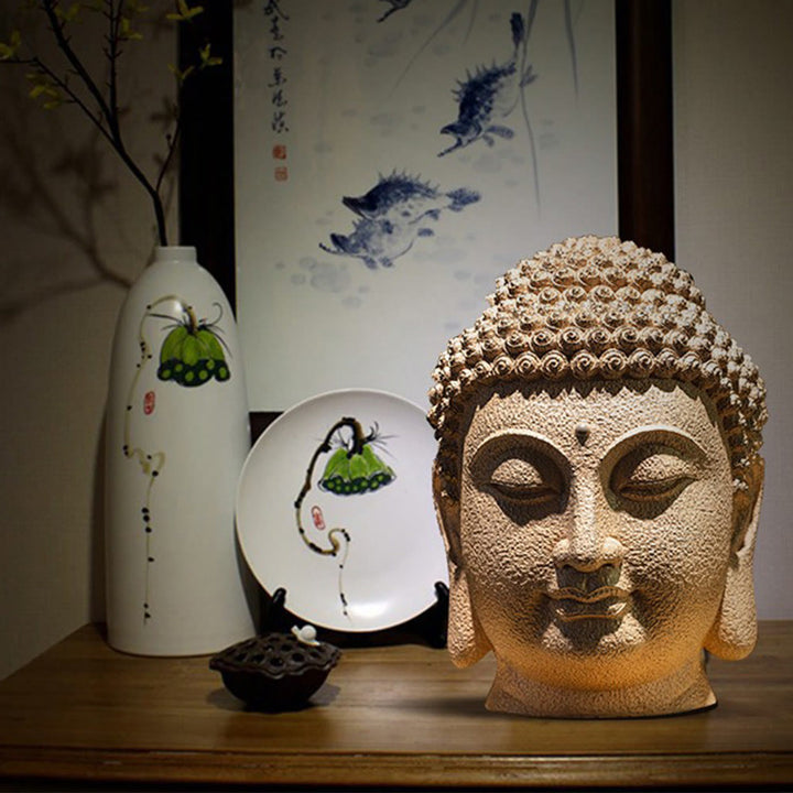 Buddha Stones目を閉じて瞑想する仏頭 樹脂像 禅 ホームデコレーション 42*30*30cm