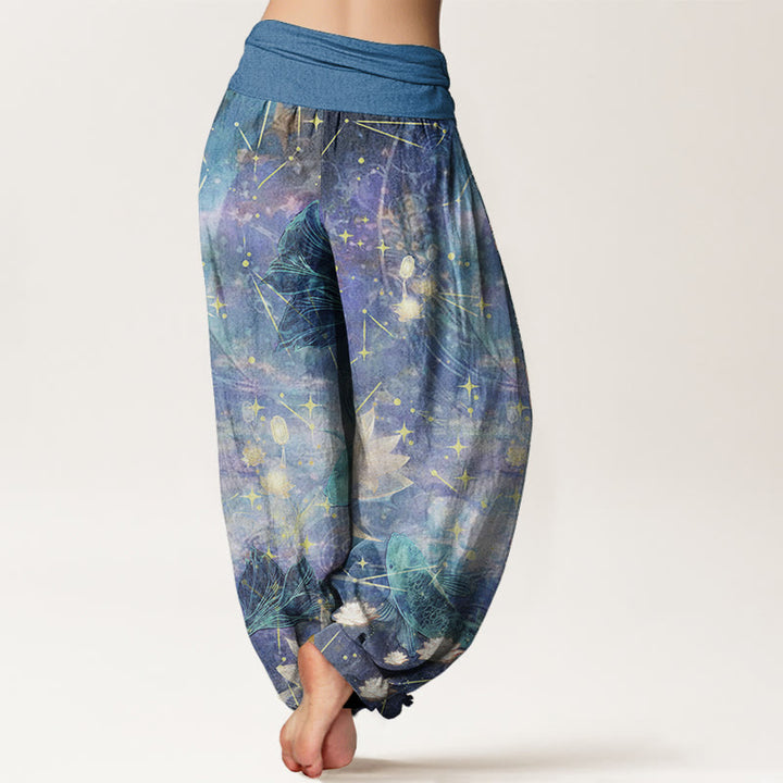 Buddha Stones純綿 鯉 蓮 月 星柄 レディース 伸縮性ウエスト ハーレムパンツ
