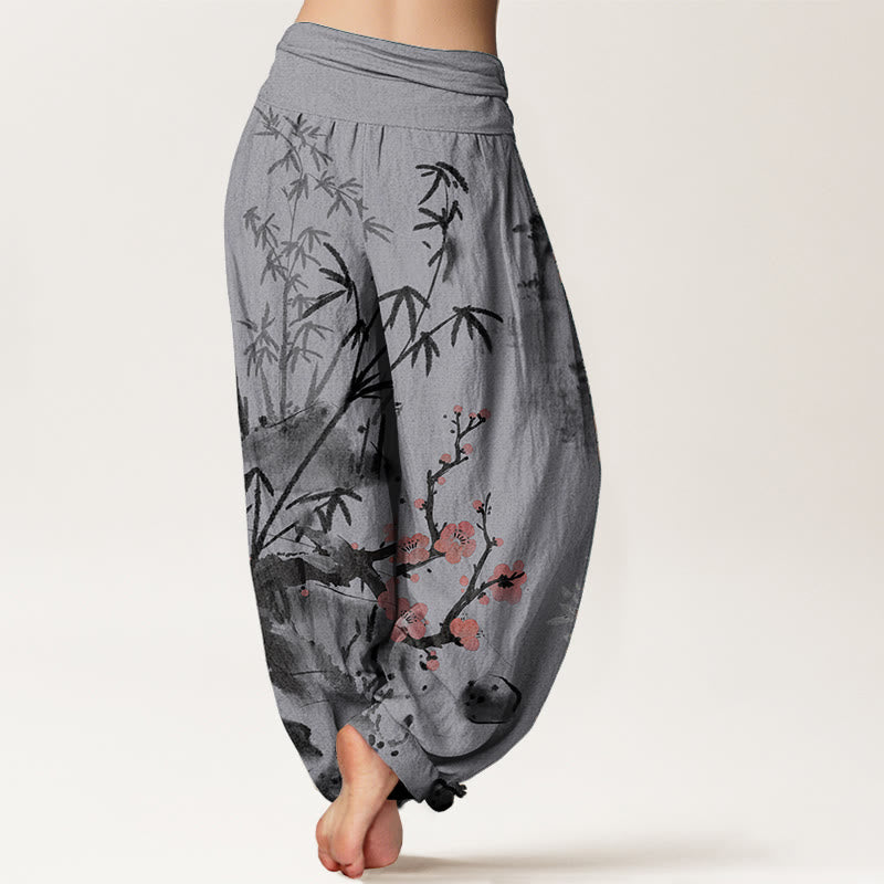 Buddha Stones純綿 梅の花 竹 蘭 菊柄 レディース ウエストゴム ハーレムパンツ
