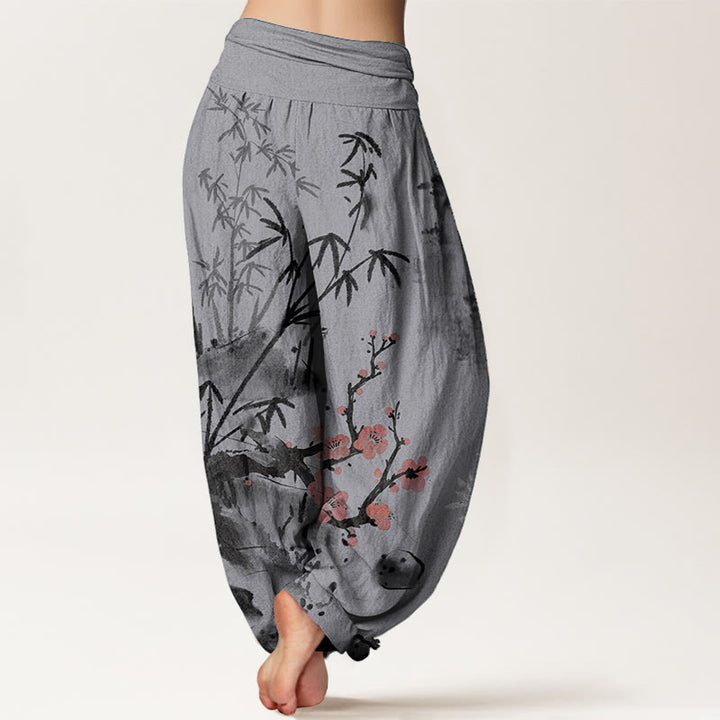 Buddha Stones純綿 梅の花 竹 蘭 菊柄 レディース ウエストゴム ハーレムパンツ