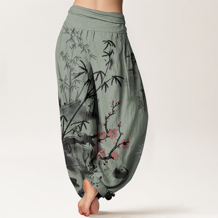 Buddha Stones純綿 梅の花 竹 蘭 菊柄 レディース ウエストゴム ハーレムパンツ