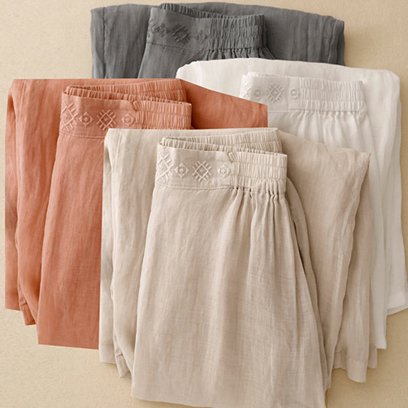 Buddha Stonesの幾何学模様刺繍入り伸縮性ウエストレディースコットンリネンワイドレッグパンツ（ポケット付き） - image 1