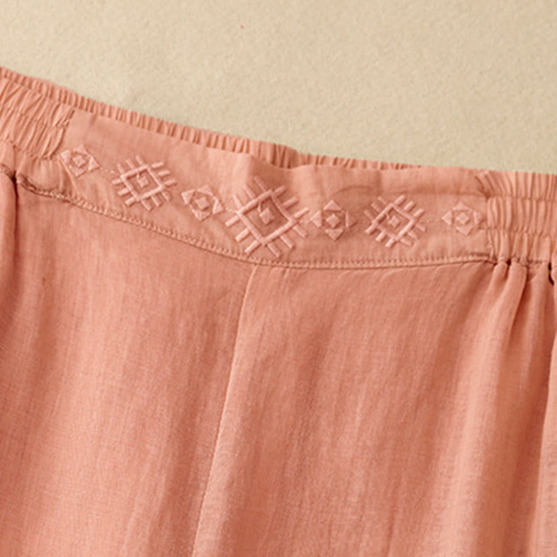 Buddha Stonesの幾何学模様刺繍入り伸縮性ウエストレディースコットンリネンワイドレッグパンツ（ポケット付き） - image 2