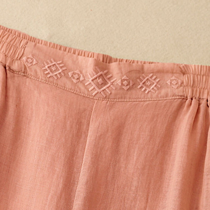 Buddha Stonesの幾何学模様刺繍入り伸縮性ウエストレディースコットンリネンワイドレッグパンツ（ポケット付き） - image 2