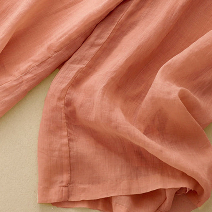 Buddha Stonesの幾何学模様刺繍入り伸縮性ウエストレディースコットンリネンワイドレッグパンツ（ポケット付き） - image 4