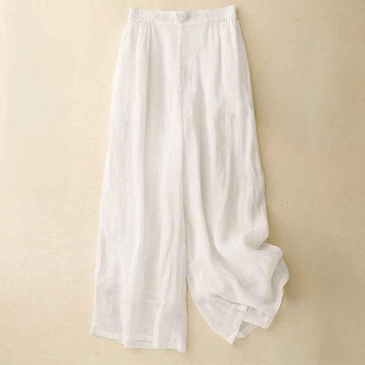 Buddha Stonesの幾何学模様刺繍入り伸縮性ウエストレディースコットンリネンワイドレッグパンツ（ポケット付き） - 白 - US8-10，UK/AU12-14，EU40-42 (2XL) - image 20