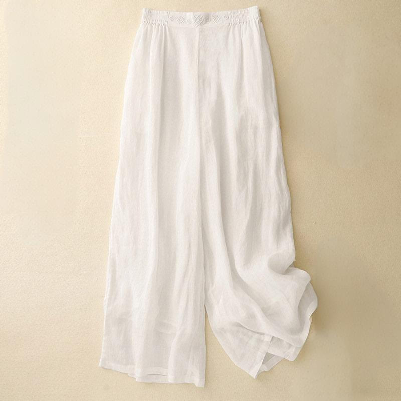 Buddha Stonesの幾何学模様刺繍入り伸縮性ウエストレディースコットンリネンワイドレッグパンツ（ポケット付き） - 白 - US8-10，UK/AU12-14，EU40-42 (2XL) - image 20