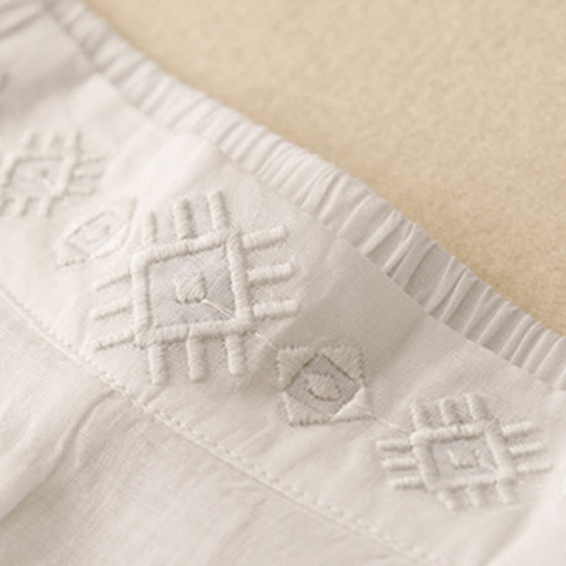 Buddha Stonesの幾何学模様刺繍入り伸縮性ウエストレディースコットンリネンワイドレッグパンツ（ポケット付き） - image 22