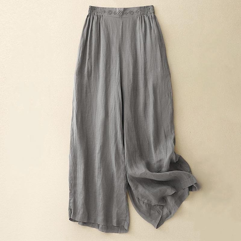 Buddha Stonesの幾何学模様刺繍入り伸縮性ウエストレディースコットンリネンワイドレッグパンツ（ポケット付き） - グレー - US8-10，UK/AU12-14，EU40-42 (2XL) - image 6
