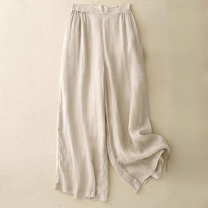 Buddha Stonesの幾何学模様刺繍入り伸縮性ウエストレディースコットンリネンワイドレッグパンツ（ポケット付き） - ベージュ - US8-10，UK/AU12-14，EU40-42 (2XL) - image 11