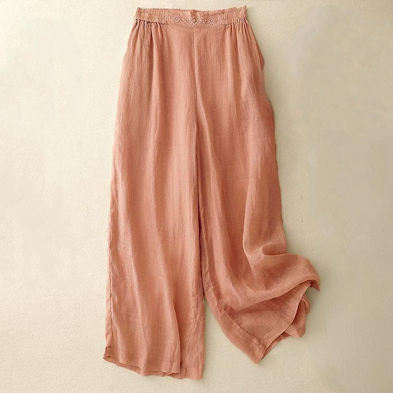 Buddha Stonesの幾何学模様刺繍入り伸縮性ウエストレディースコットンリネンワイドレッグパンツ（ポケット付き） - ライトサーモン - US8-10，UK/AU12-14，EU40-42 (2XL) - image 0