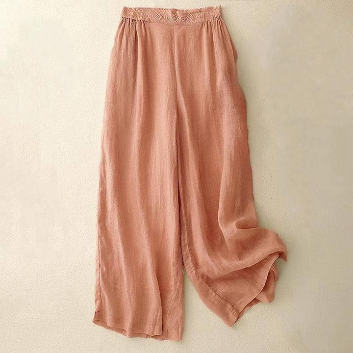 Buddha Stonesの幾何学模様刺繍入り伸縮性ウエストレディースコットンリネンワイドレッグパンツ（ポケット付き） - ライトサーモン - US8-10，UK/AU12-14，EU40-42 (2XL) - image 0