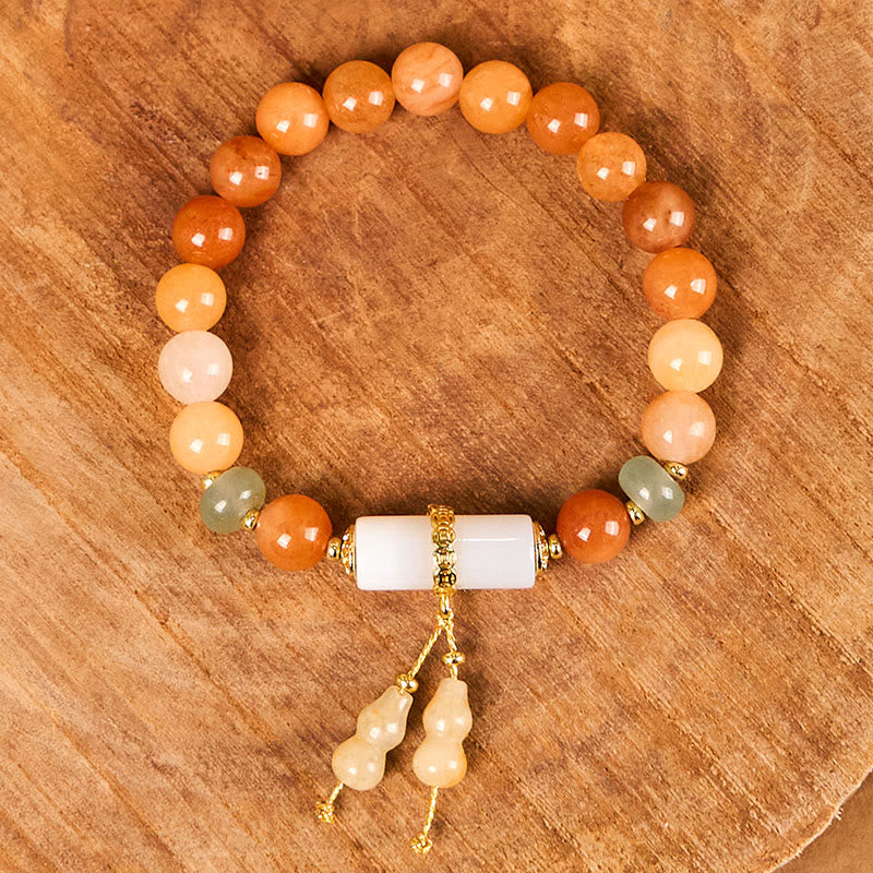 Buddha Stones黄金シルク翡翠ビーズ ひょうたん型 ホワイトクリスタル 富と幸運のブレスレット